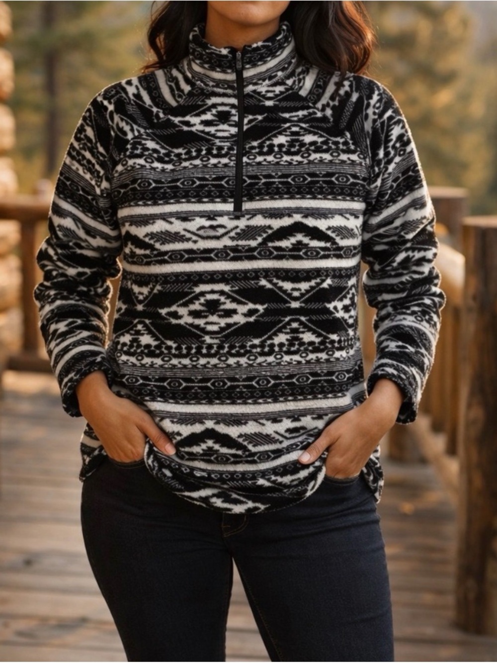 Eddie Bauer Black & White Aztec Half-Zip Pullover Sweater